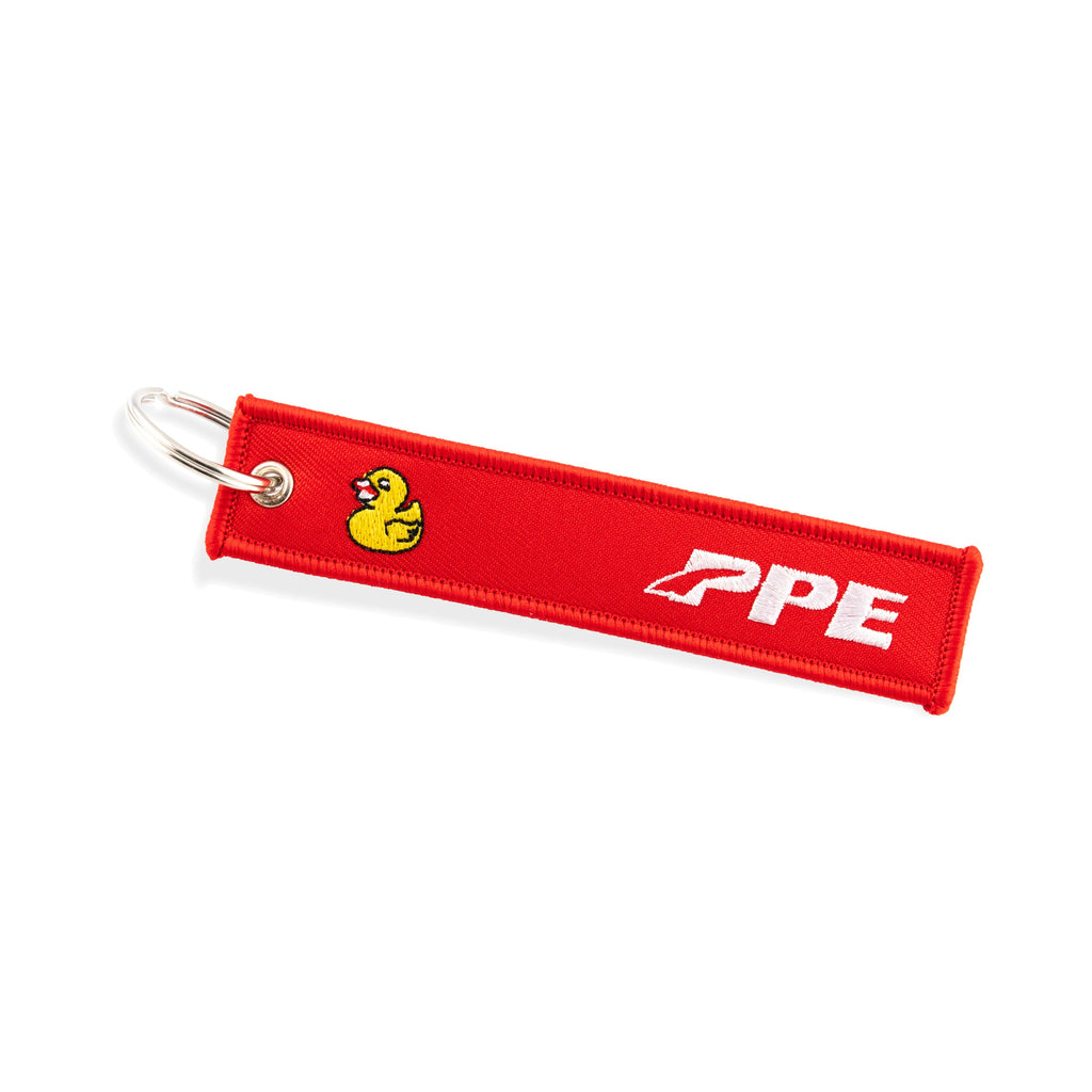 Remove Before Flight Key Chain - Red Fabric with White Embroidery & Yellow Ducky